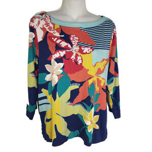 Chico's Tee Floral Size 2 US L Boat Neck 3/4 Sleeve Blossom Colorful Pima Cotton